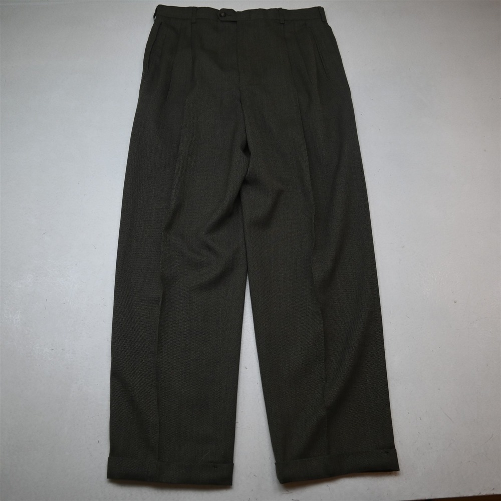 Vtg Y2K 2000s 33x32 Green Woven Wool Tweed High Waist Pleated Baggy Dress Pants